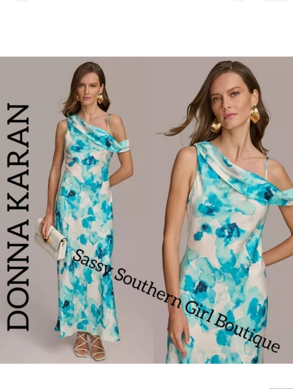 🆕⭐ Donna Karan Black Label White Teal Floral Maxi Dress